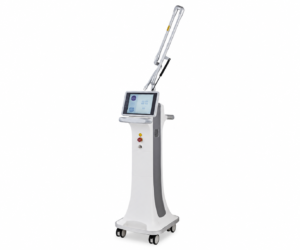 Medical aesthetic device on a wheeled stand with touchscreen control and adjustable arm attachment(s).